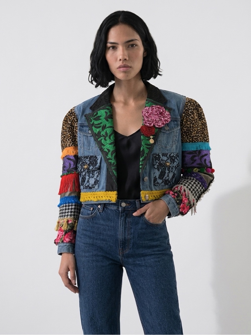 Embellished Mixed-Media Denim Jacket - Multicolor Swarovski Cristal